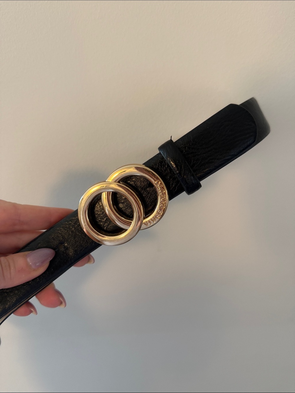 Vince Camuto Black Leather Belt with Gold Double-Ring Buckle